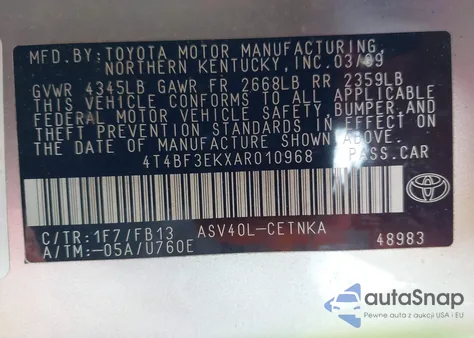 2010 Toyota Camry Le z USA, uszkodzony, nr VIN 4T4BF3EKXAR010968